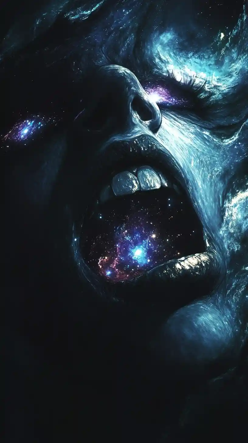 Eerie woman with constellations glowing in her mouth and eyes