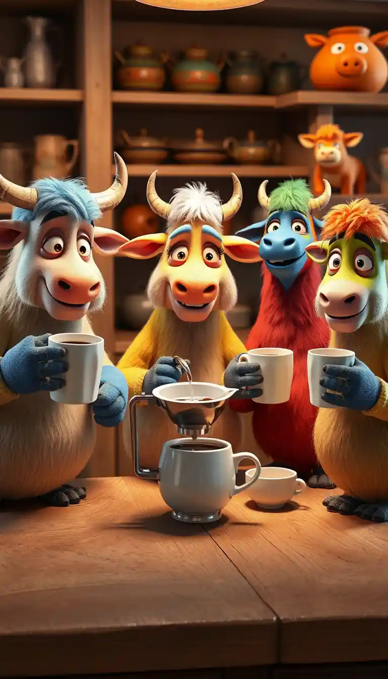 Coloratissimi polli cartoon che condividono un caffè in una cucina accogliente
