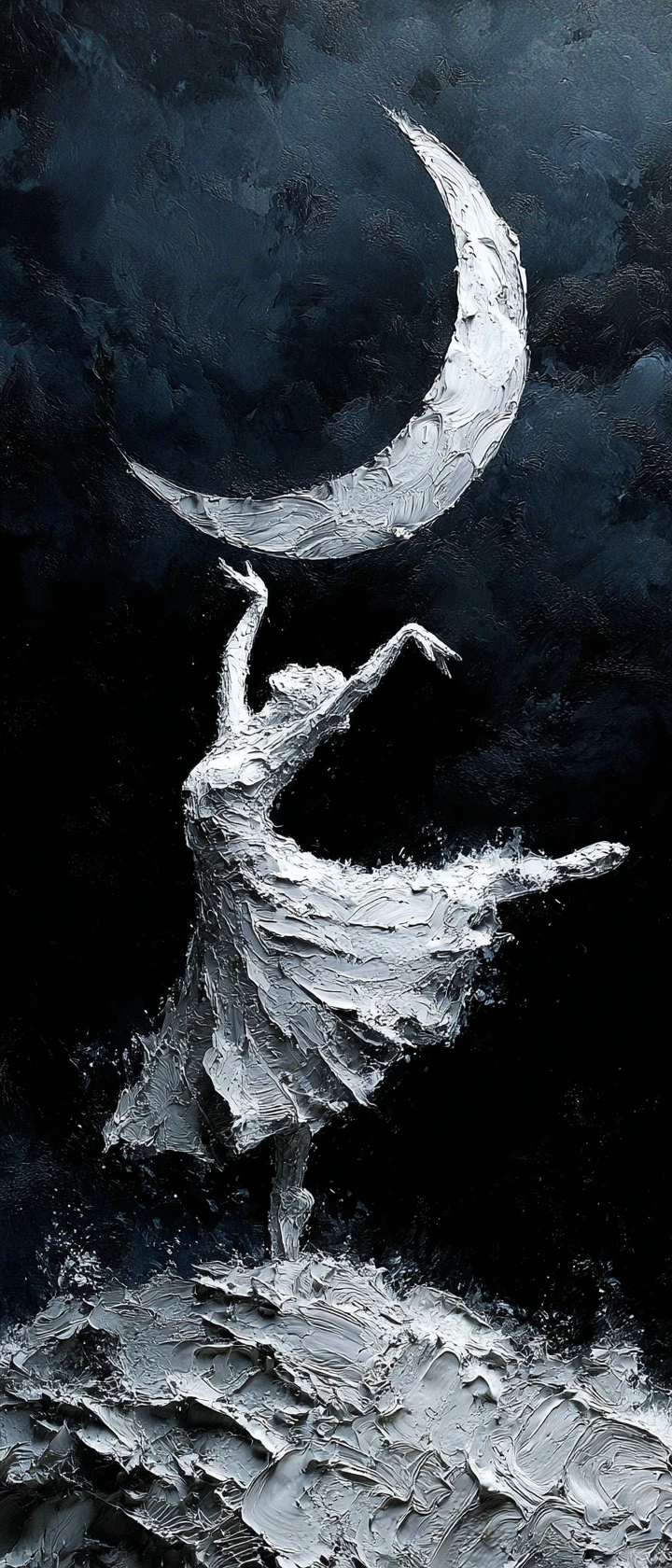 White painted dancer on stage under a crescent moon