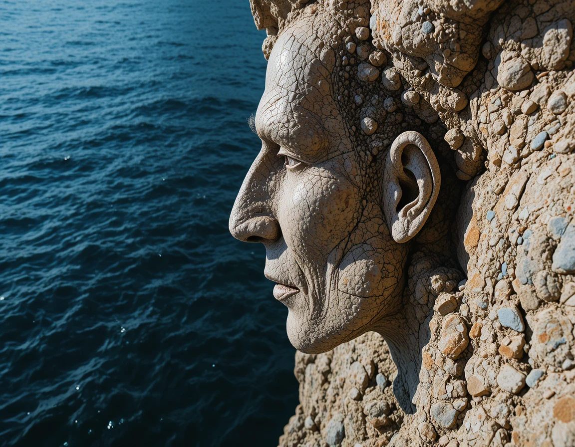 Close up coastal rock face resembling a human profile