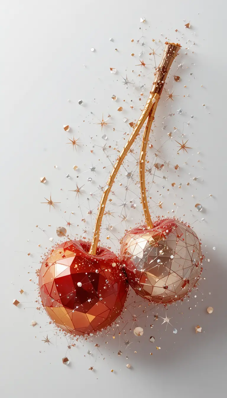 Polygonal cherries with golden mirror and crystal sparkles