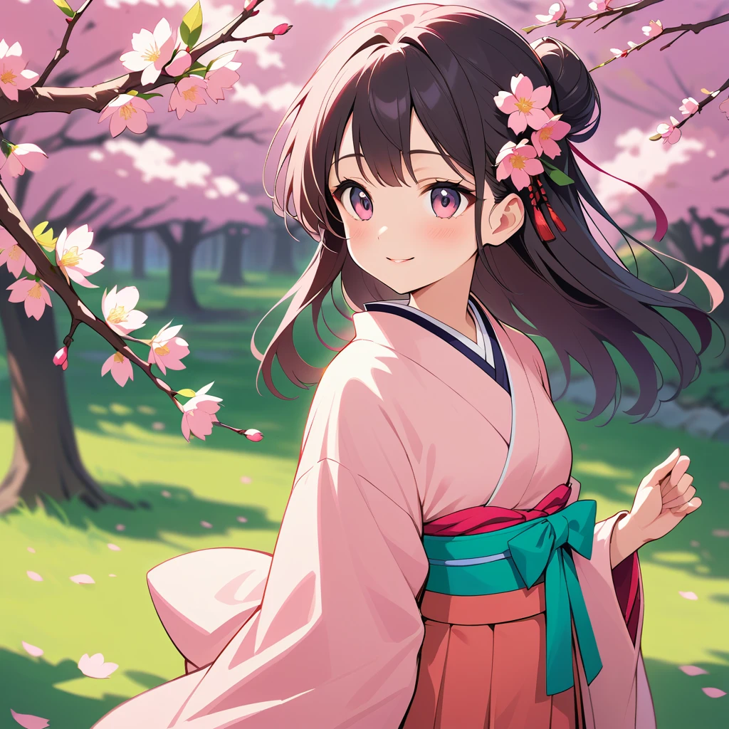 Jovem garota japonesa de quimono sob uma cerejeira em flor