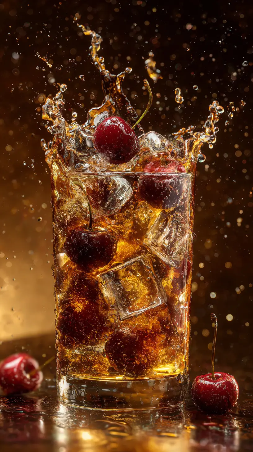 Red cherry splashing into glass of cola with ice