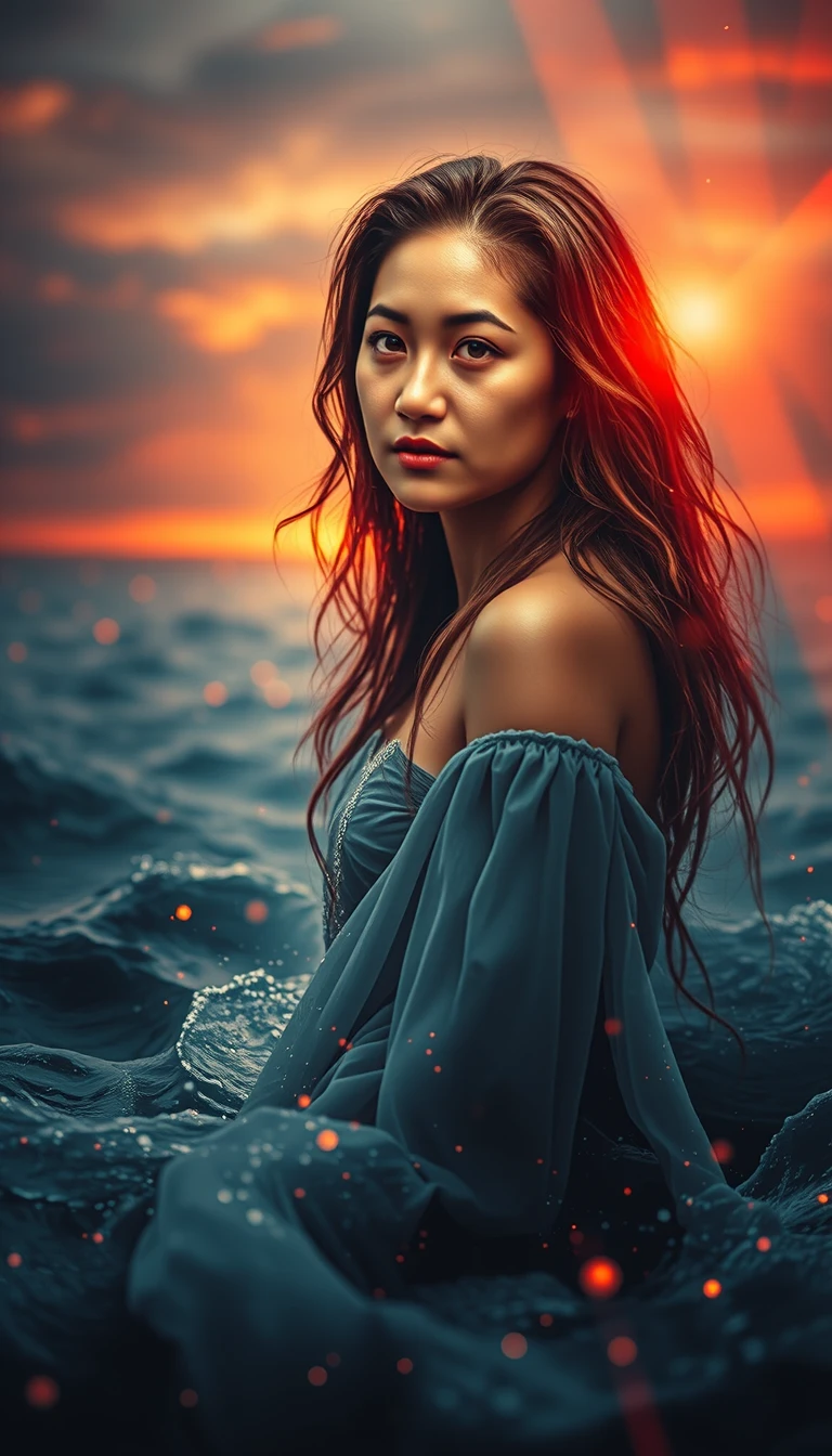 Mulher de vestido esvoaçante nadando nas ondas do mar ao pôr do sol