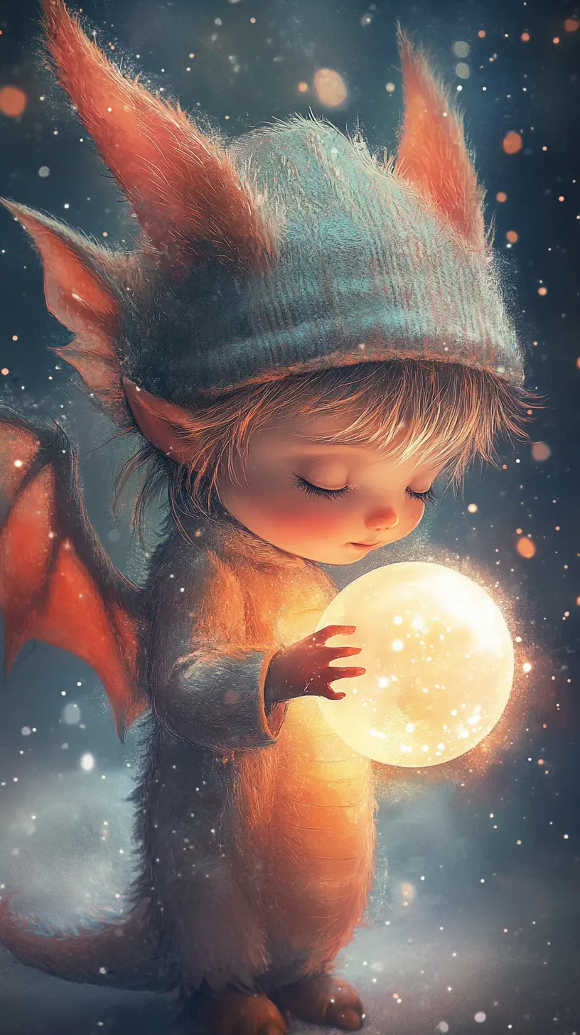 Tiny dragon child holding a glowing floating light orb