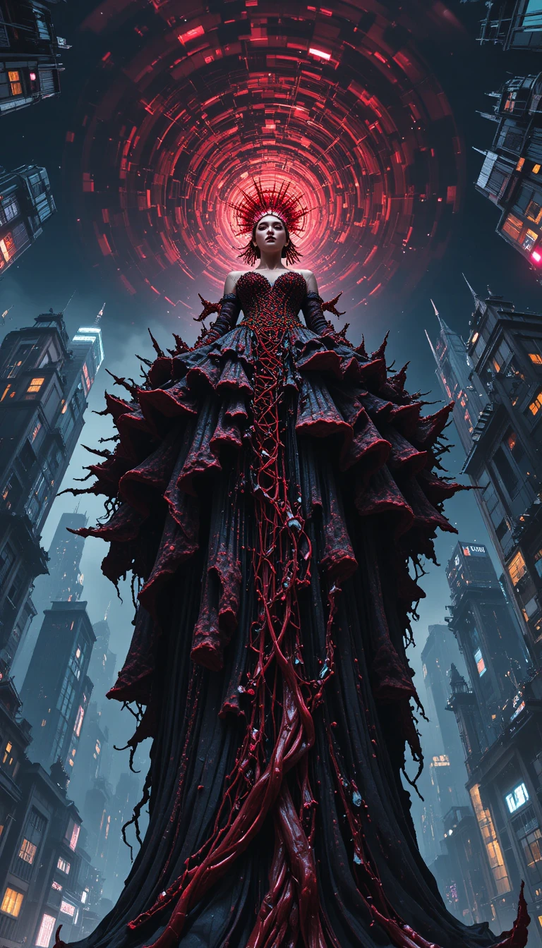 Woman enthroned on colossal jeweled gown in surreal city