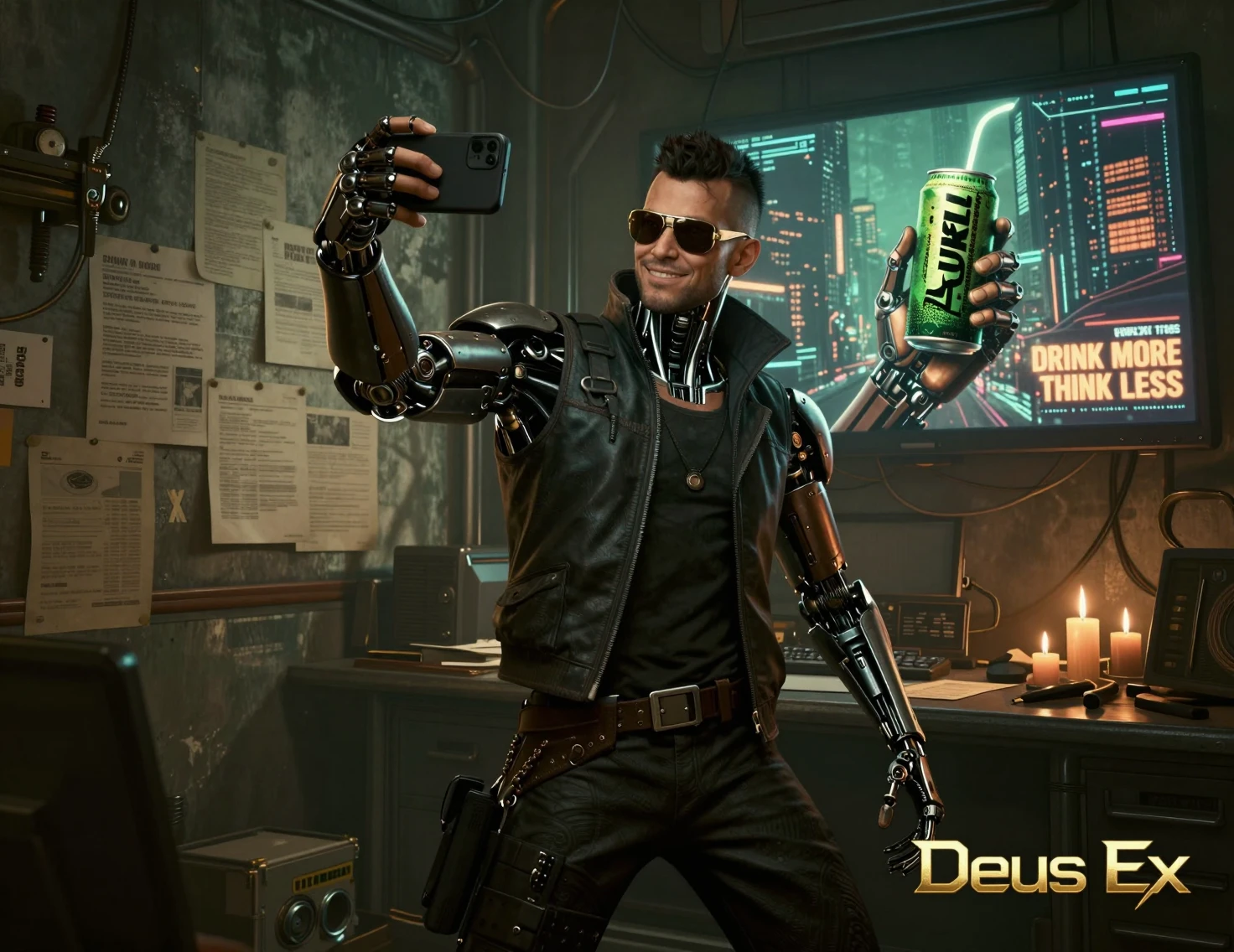 Detetive aumentado tirando uma selfie em um quarto cyberpunk iluminado por néon