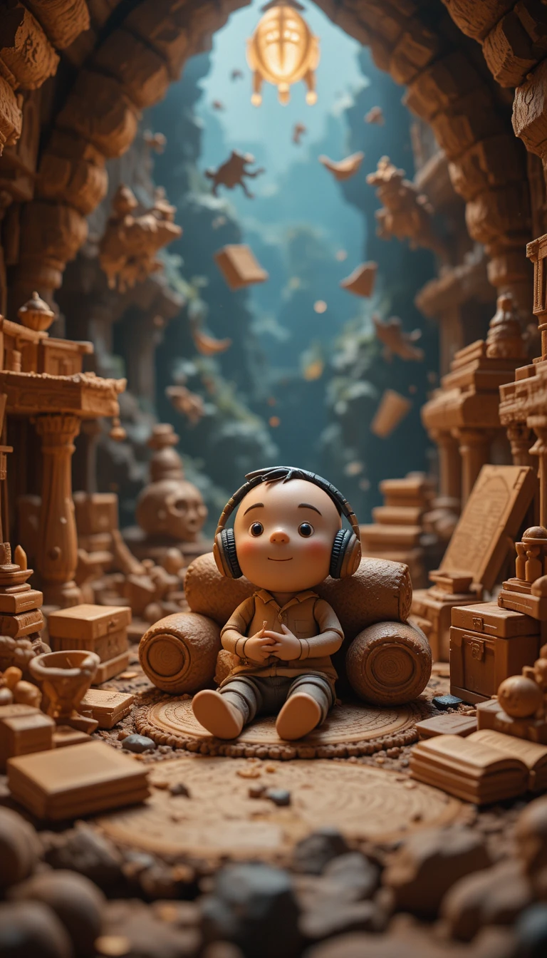 Personagem de argila ouvindo histórias em um mundo mágico