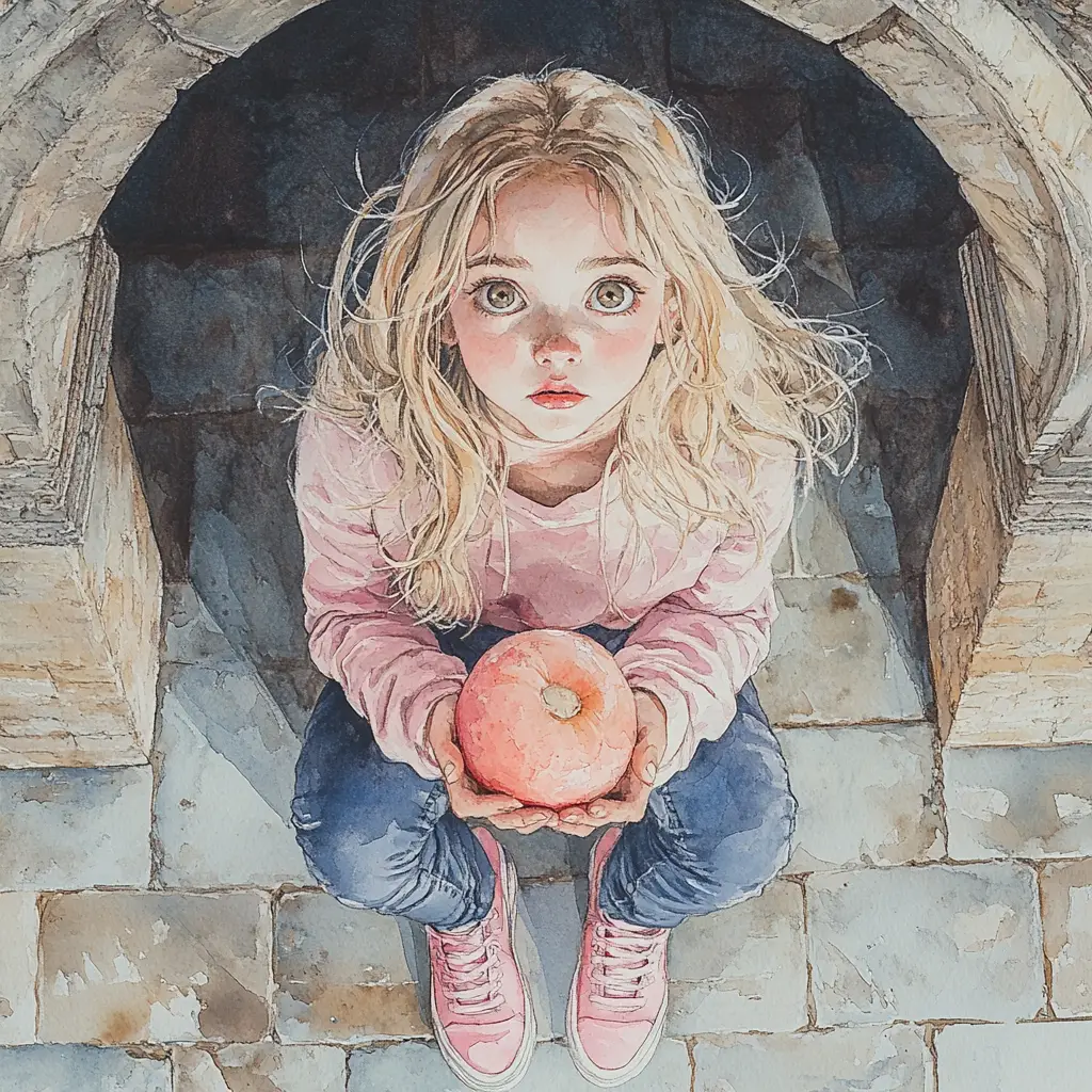 Young girl holding a small dog under stone arches