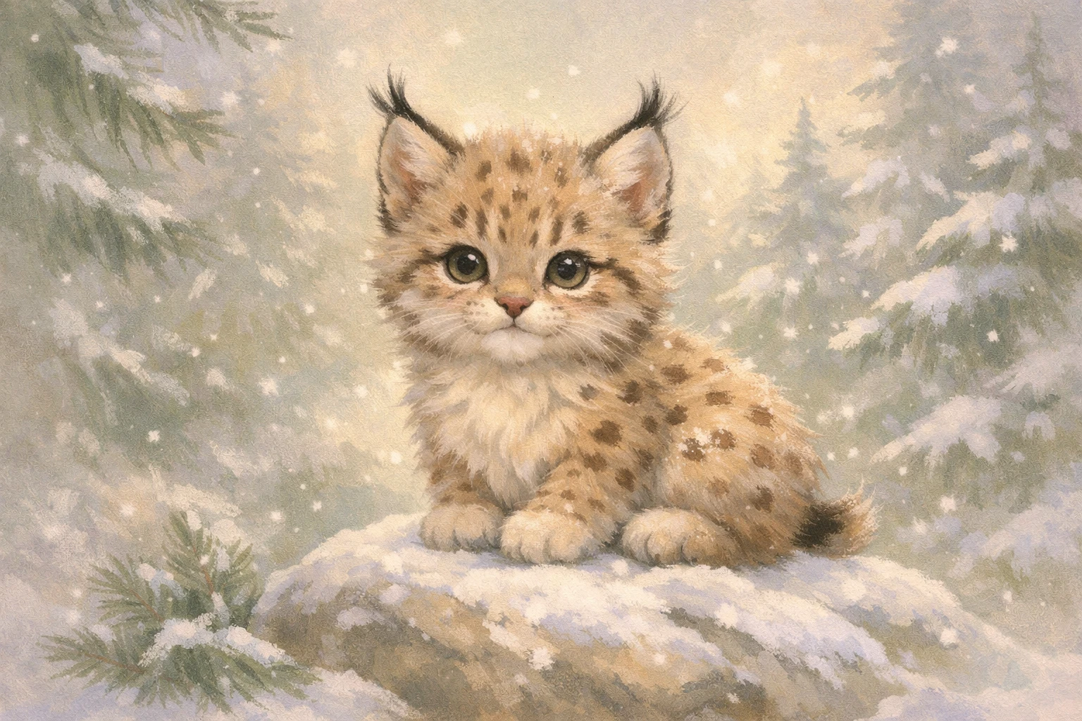 Illustration d’un bébé lynx assis sur un rocher dans une forêt enneigée