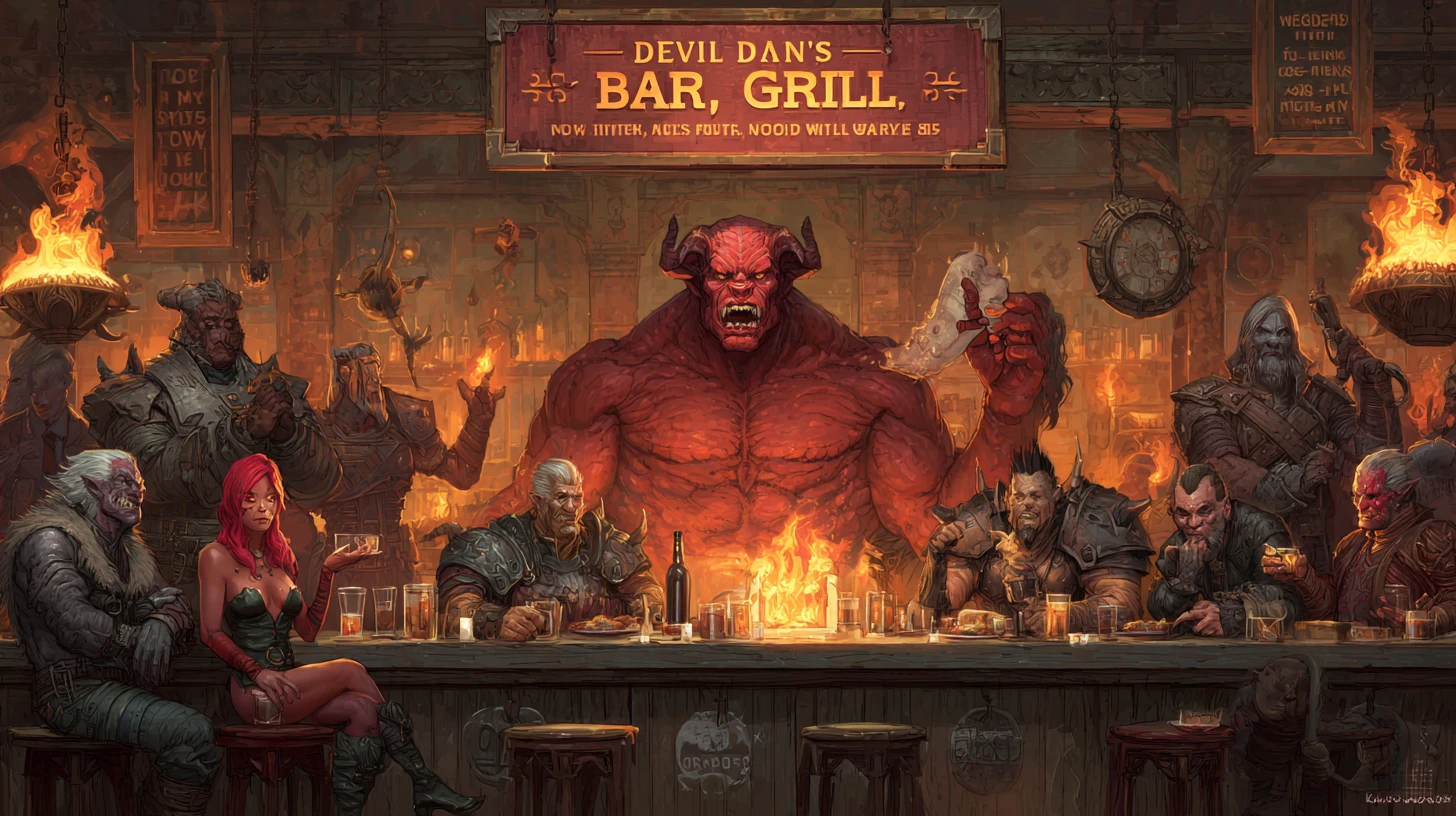 Fantasie-Dämonen-Barkeeper in einer höllischen Bar-und-Grill-Szene