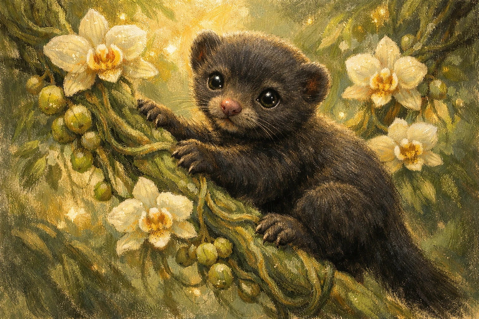 Baby tayra climbing jungle vine in pastel illustration