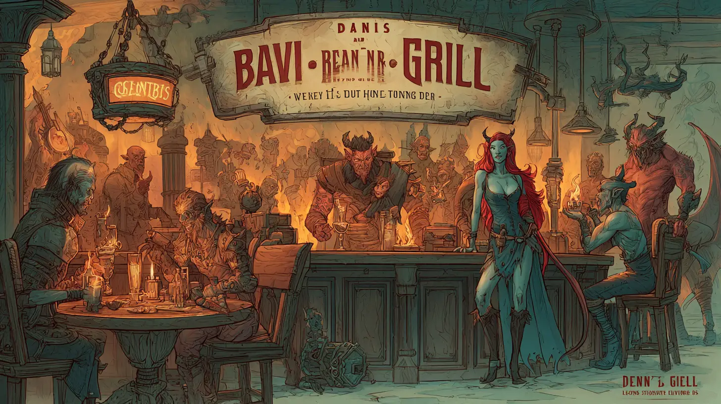 Bar et grill démoniaques au cœur d’une taverne infernale enflammée