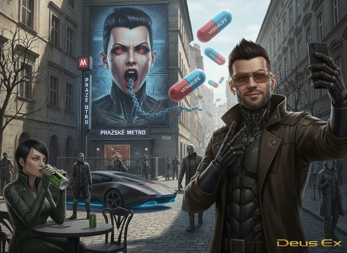Futuristic Prague street with giant cyborg mural and capsules