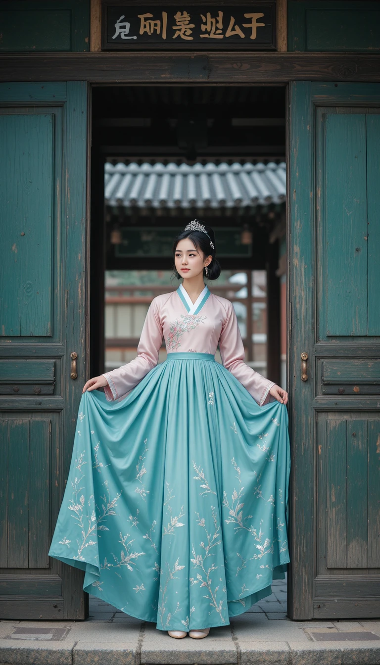 Jovem coreana em hanbok rosa e verde-azulado na porta