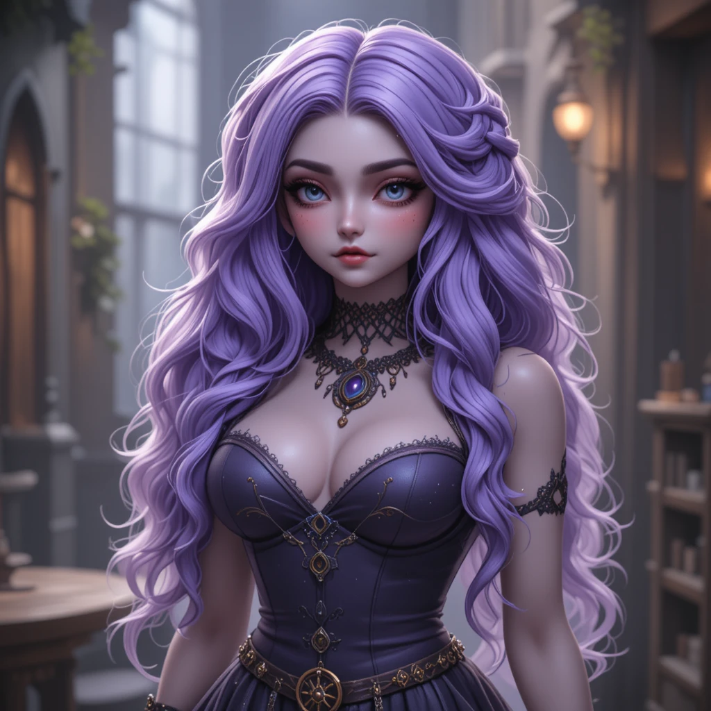 Gothic-Curvy-Teenagerin mit geflochtenem lavendelfarbenem Haar