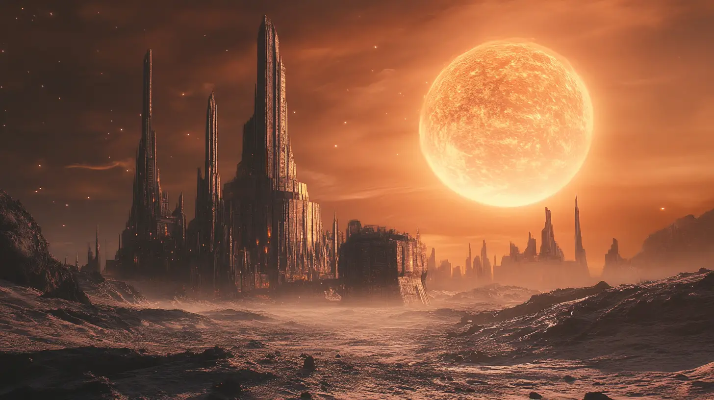 Ancient alien city towering above a desolate cratered moon