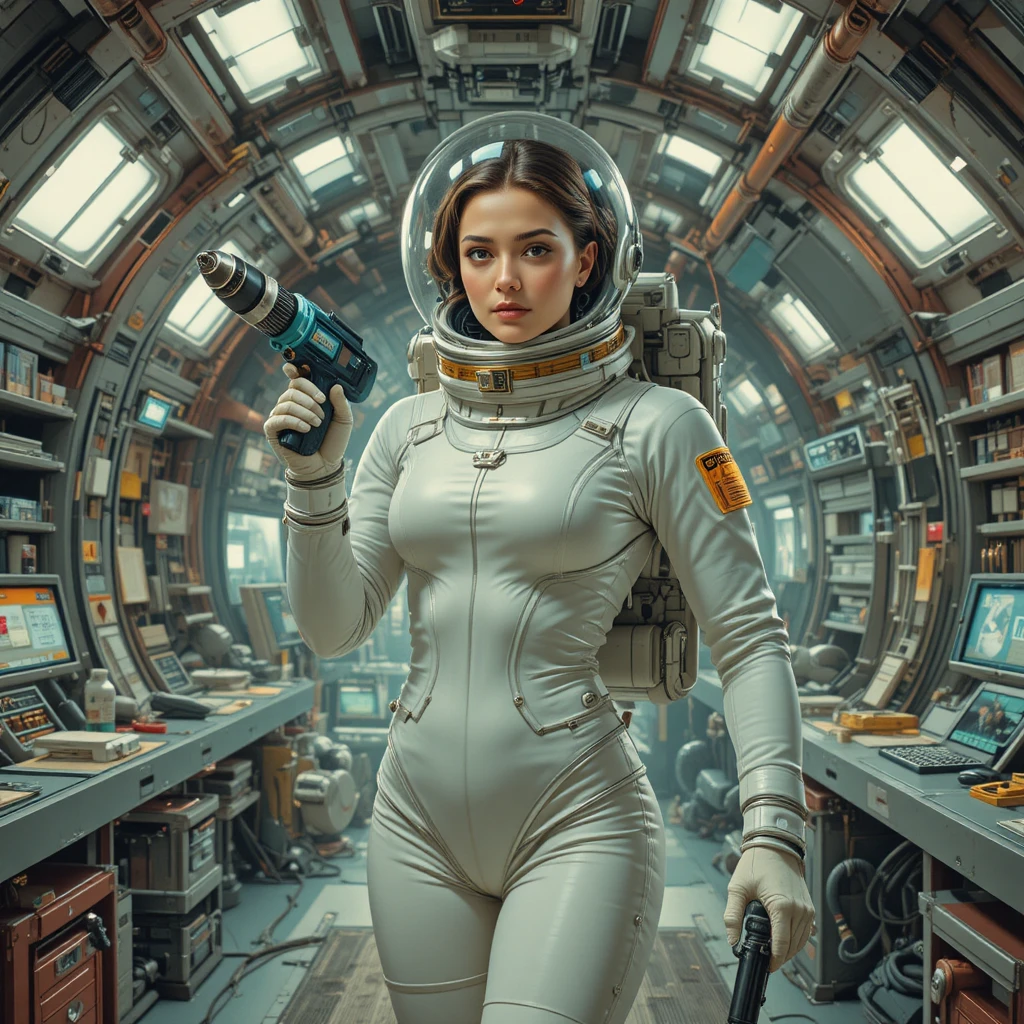 Astronautin im Retro-Raumanzug schwebt in Raumstation