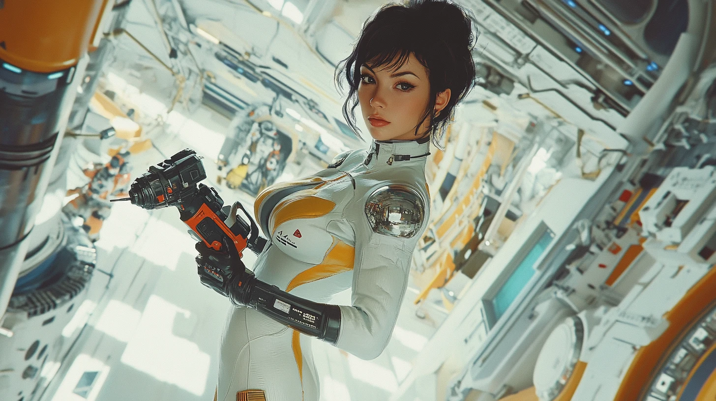 Astronaute femme flottant dans une station spatiale rétro