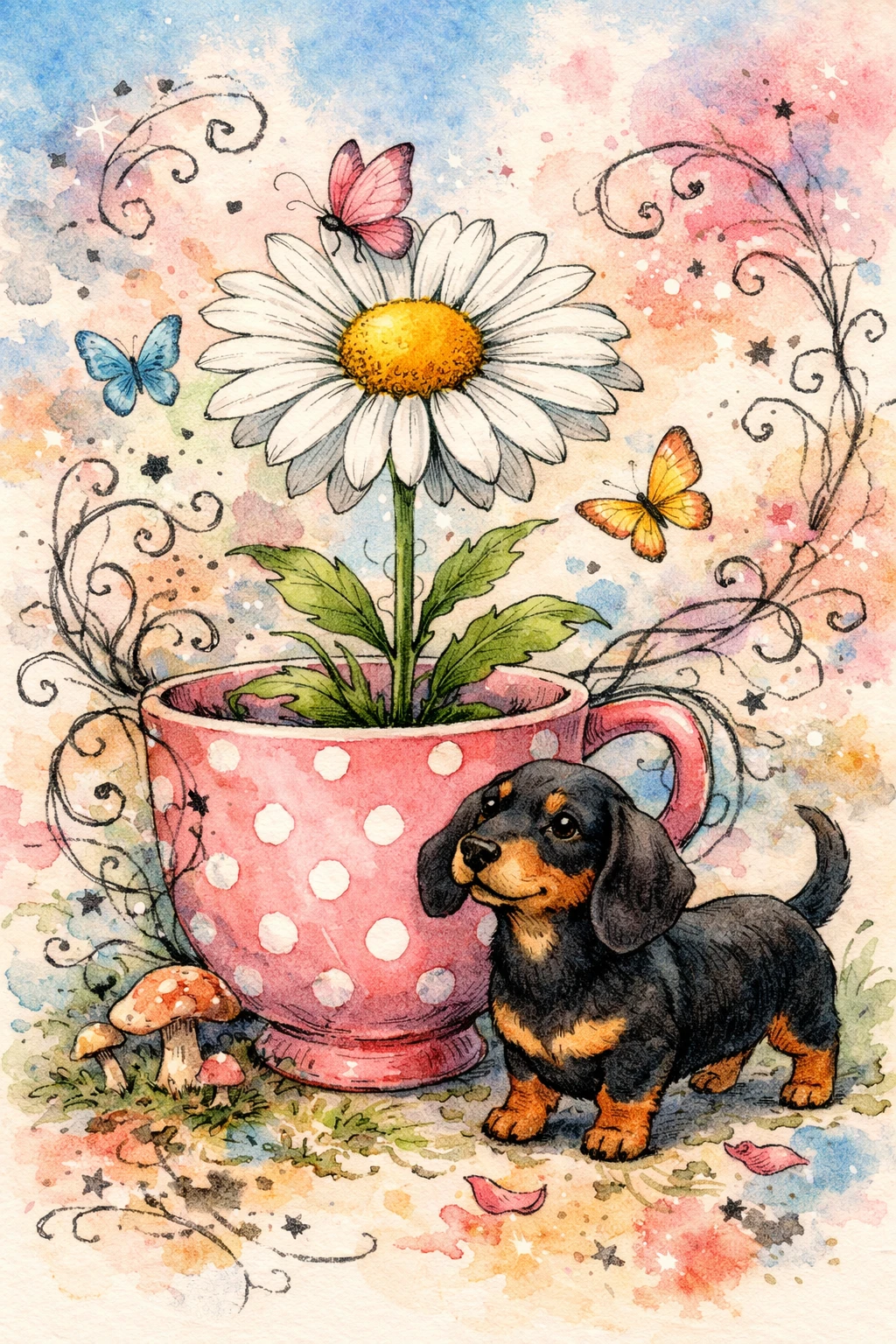 Dachshund fantasioso com margarida em xícara de chá em tons pastéis