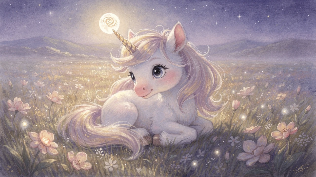 Illustrazione di un baby unicorno che riposa in un prato di fiori al chiaro di luna