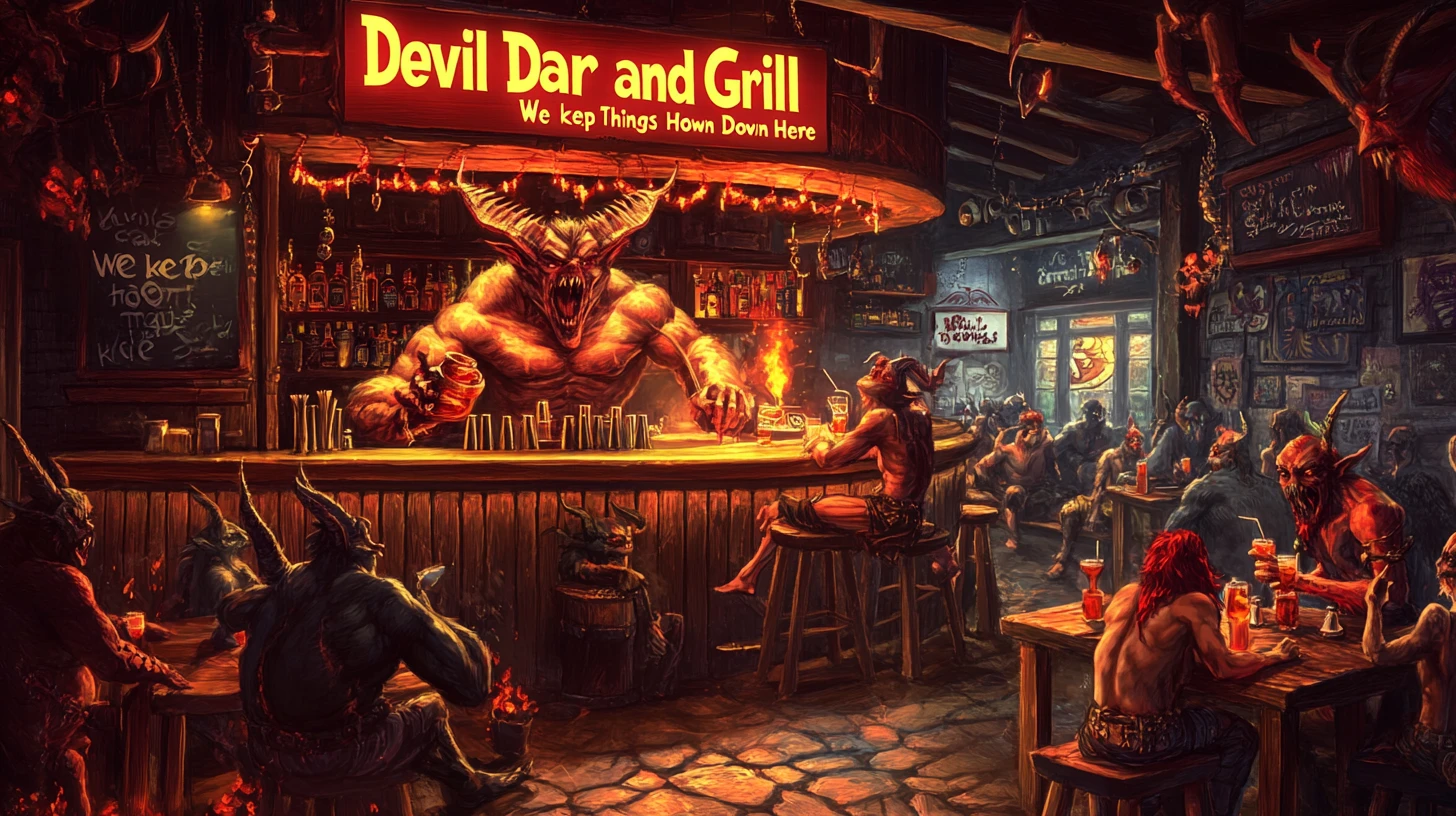 Barman demônio em uma cena de bar e grill infernal