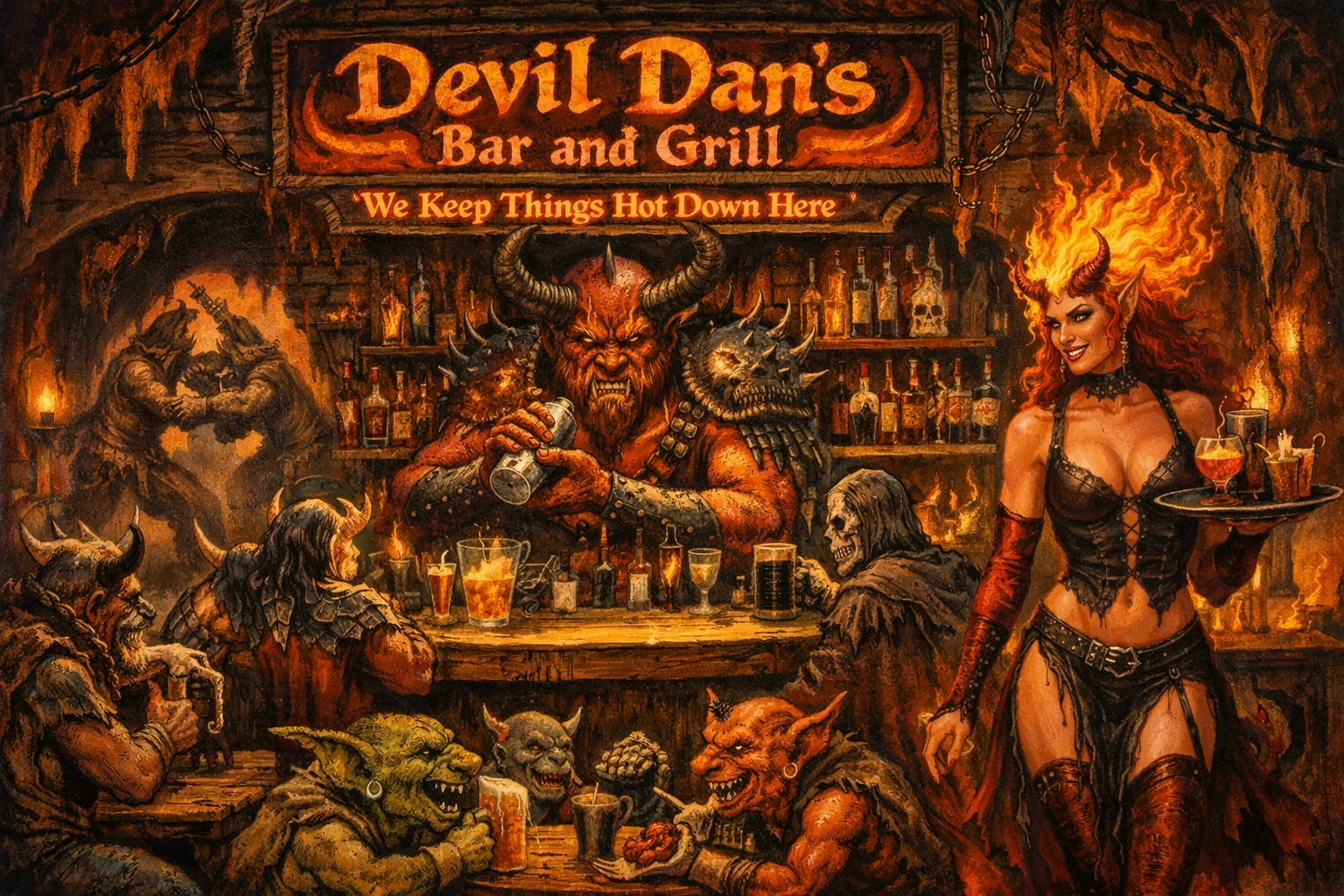 Barman demônio em um bar e grill infernal em chamas