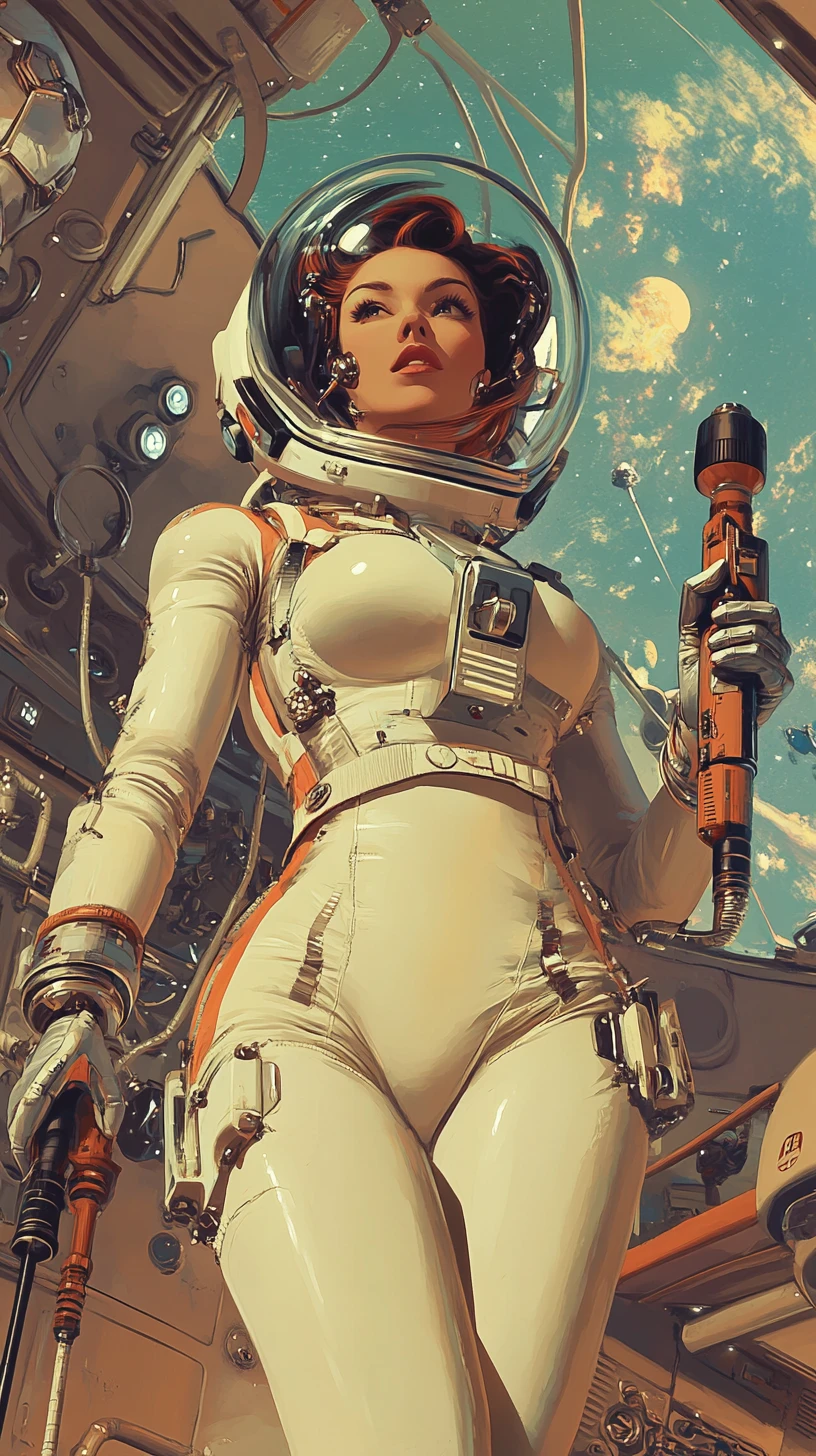 Astronautin mit Bohrer in einer retrofuturistischen Raumstation