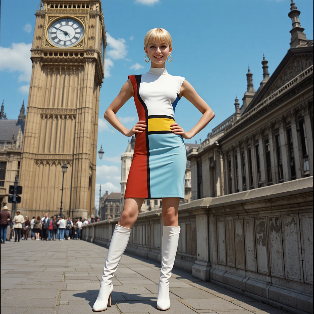 Young woman in Mondrian shift dress by London landmark