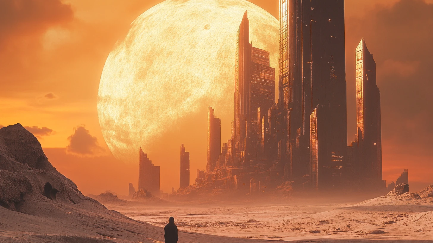 Antiga cidade alienígena erguendo‑se de uma lua cheia de crateras ao pôr do sol