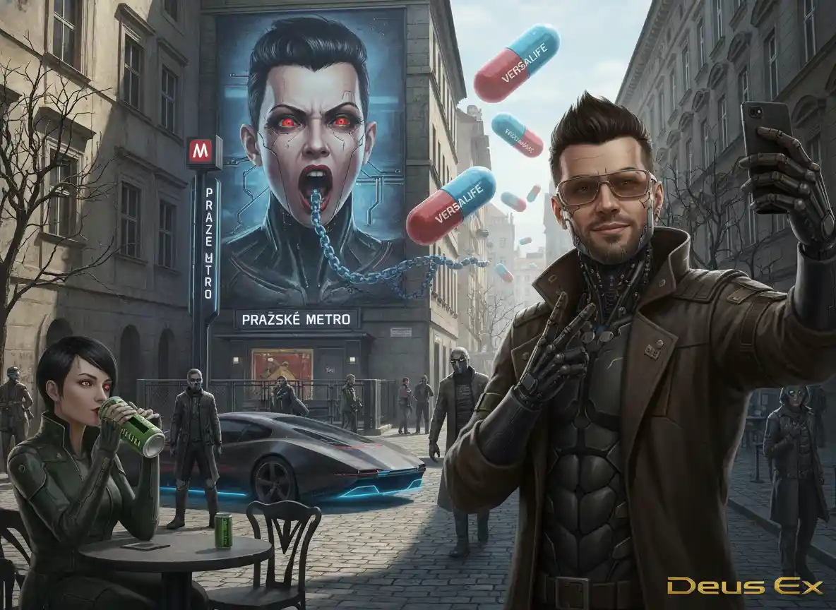 Futuristic Prague street with giant cyborg mural and capsules