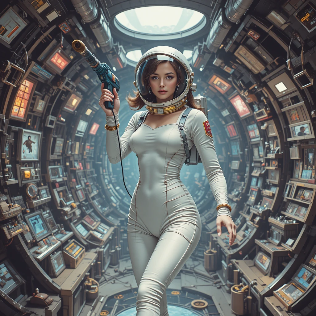 Astronaute femme flottant dans une station spatiale rétro-futuriste