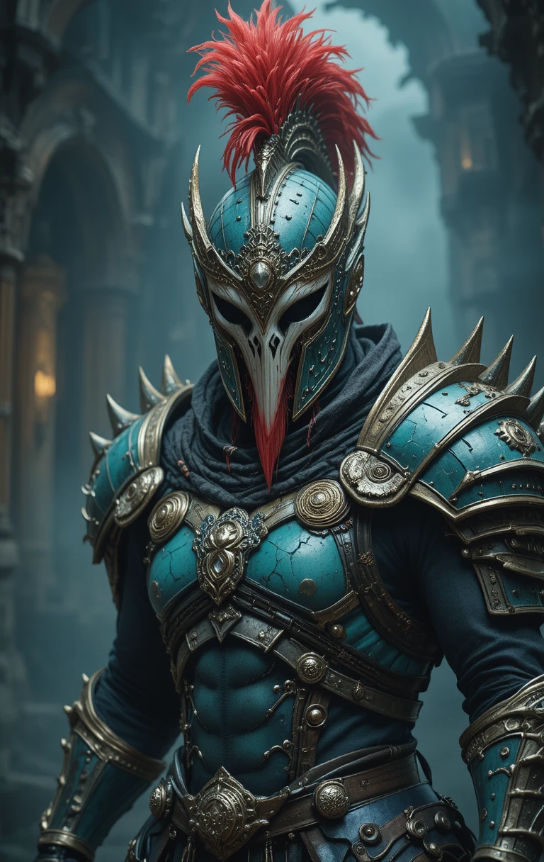 Guerrier fantastique en armure ornée turquoise et or