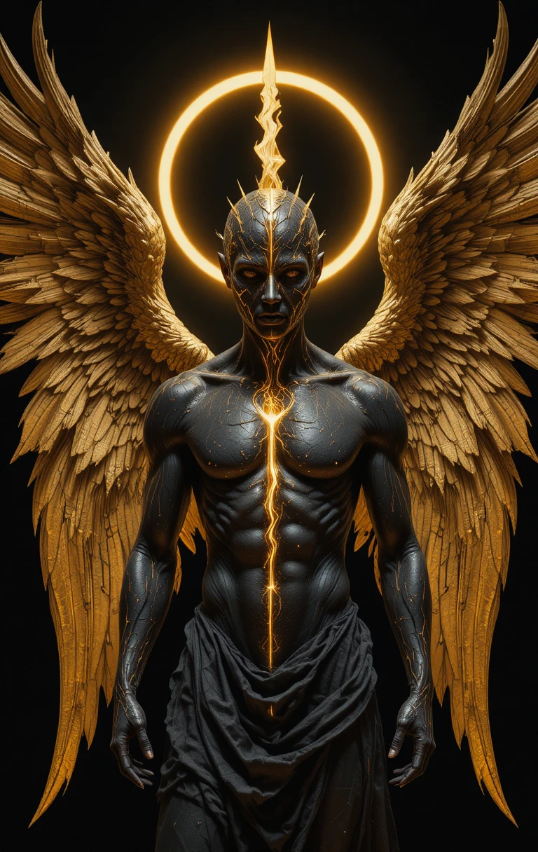 Anjo musculoso com asas douradas brilhantes em fundo preto