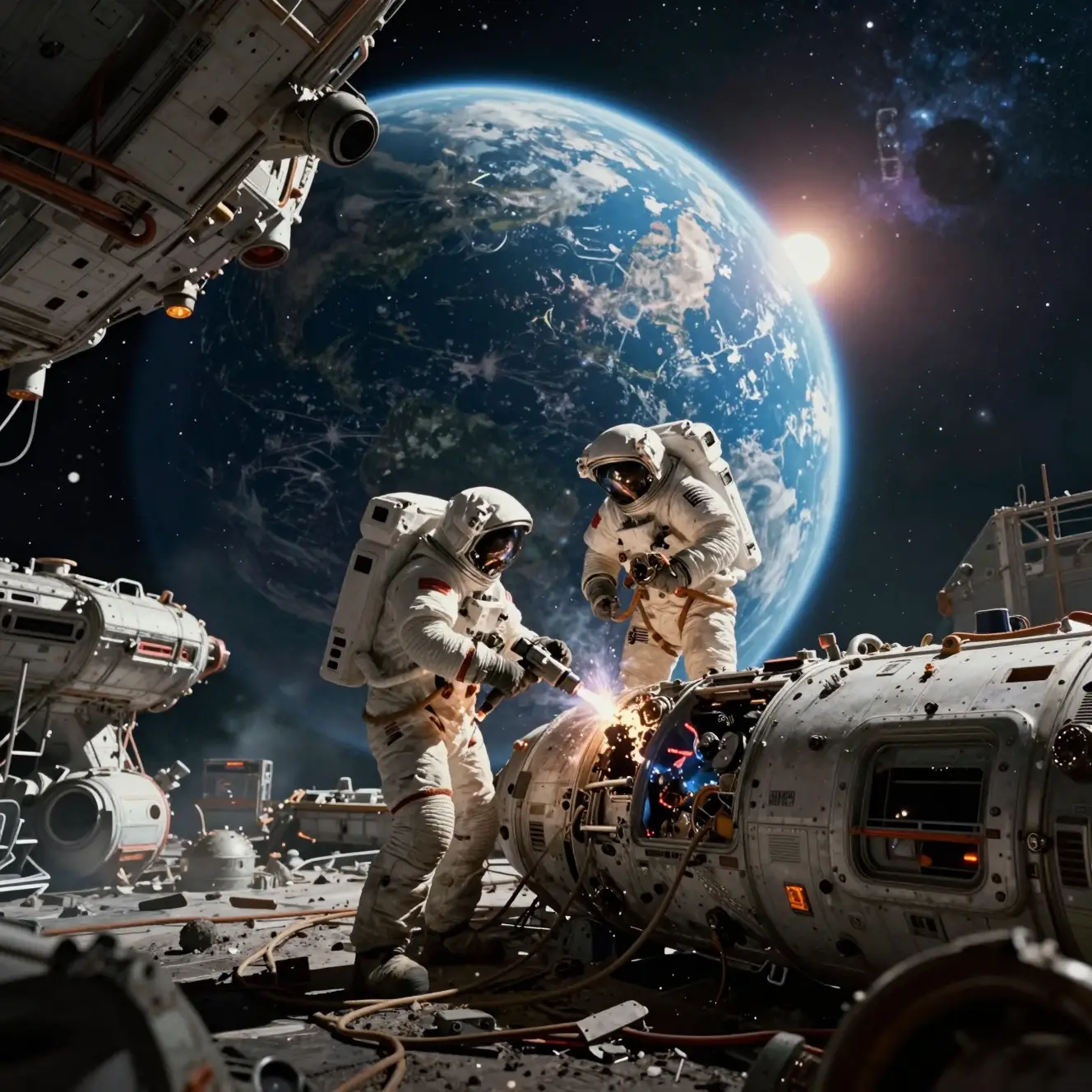 Dois astronautas consertando uma estação espacial abandonada sobre a Terra