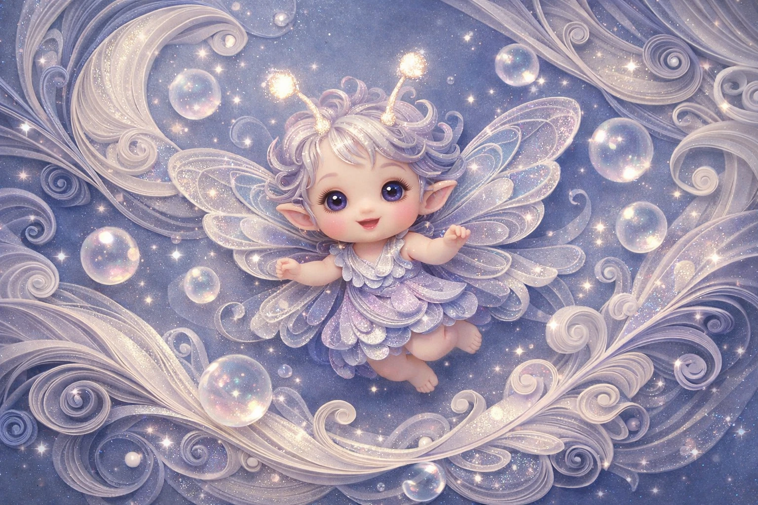 Fada lúdica em quilling de papel flutuando entre bolhas de sonho brilhantes