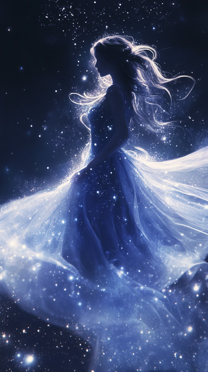 Donna eterea costellata di stelle che levita nel vuoto cosmico