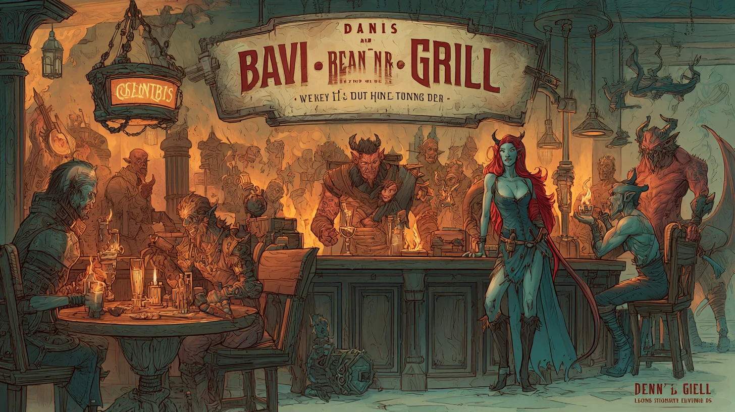 Bar e grill demoníaco nas profundezas de uma taverna infernal em chamas