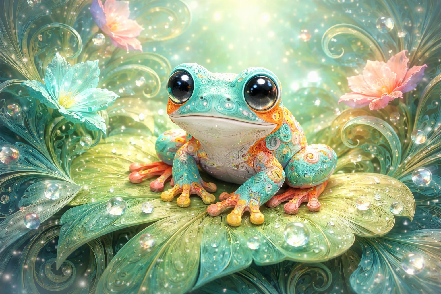 Whimsical Paper Quilling Frog On Leaf With Glowing Flowers