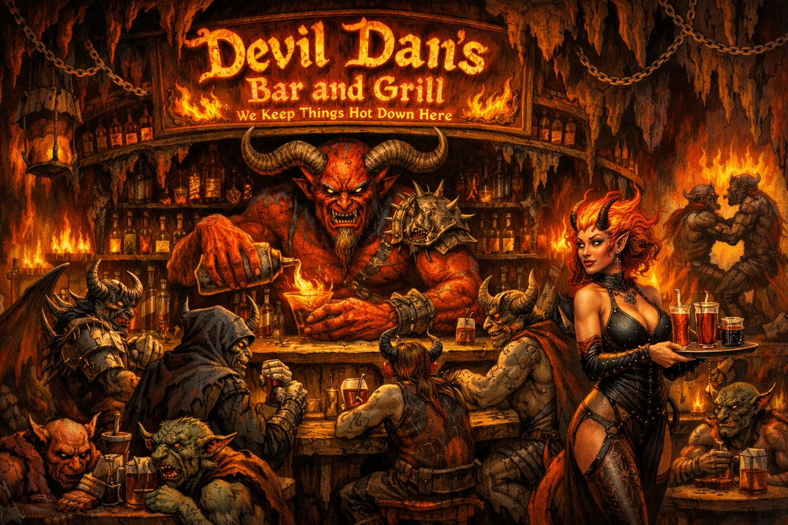 Bar e grill demoníaco no inferno com clientes sinistros