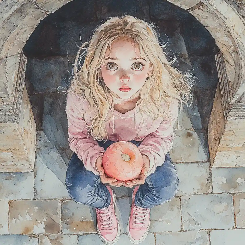 Young girl holding a small dog under stone arches
