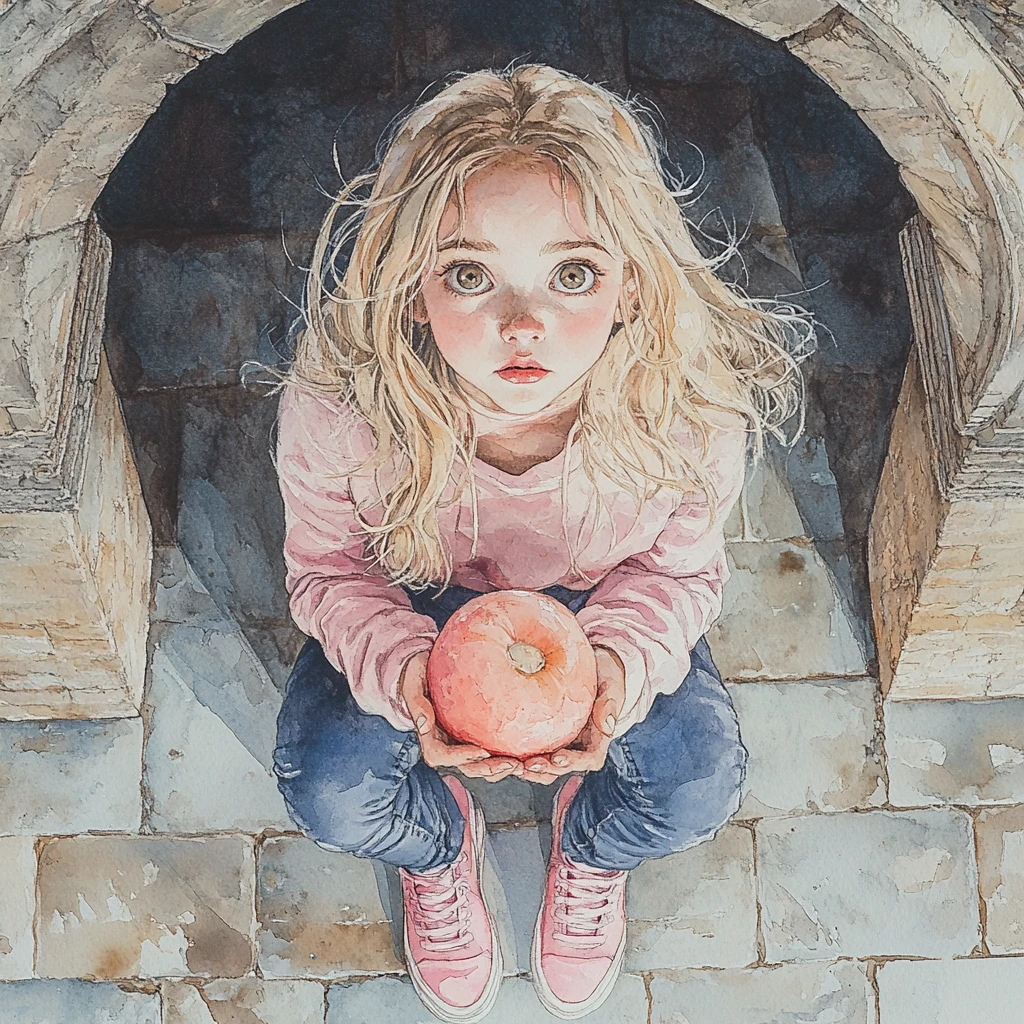 Young girl holding a small dog under stone arches