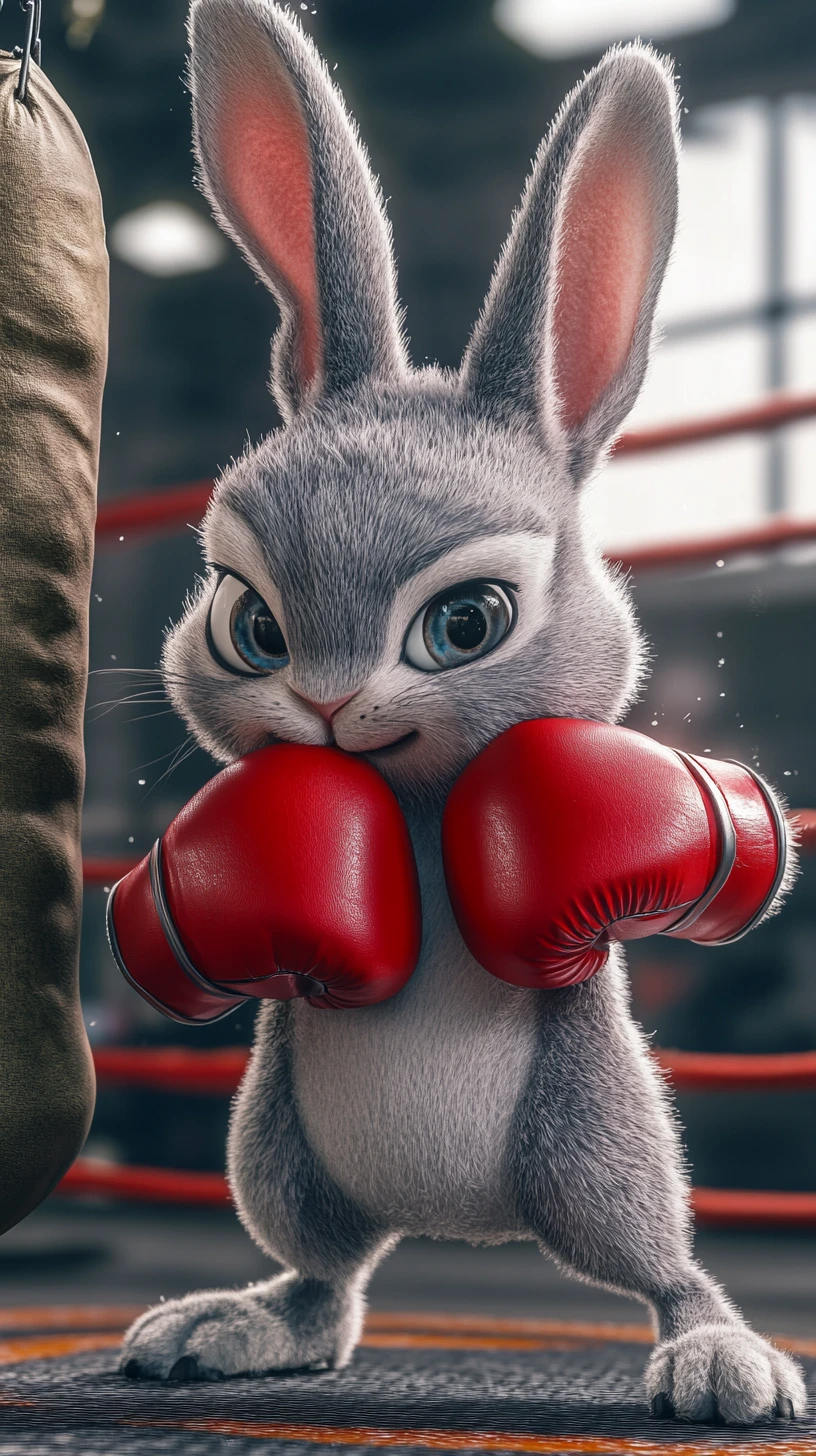 Coelhinho boxeador fofo treinando com saco de pancadas no ringue