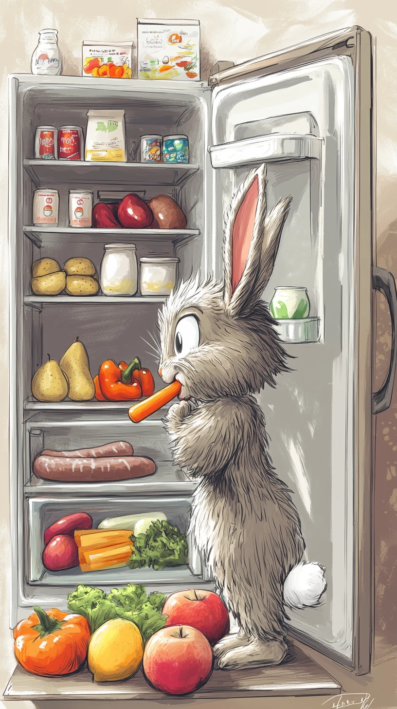 Coniglio dei cartoni che mangia una carota davanti al frigorifero aperto