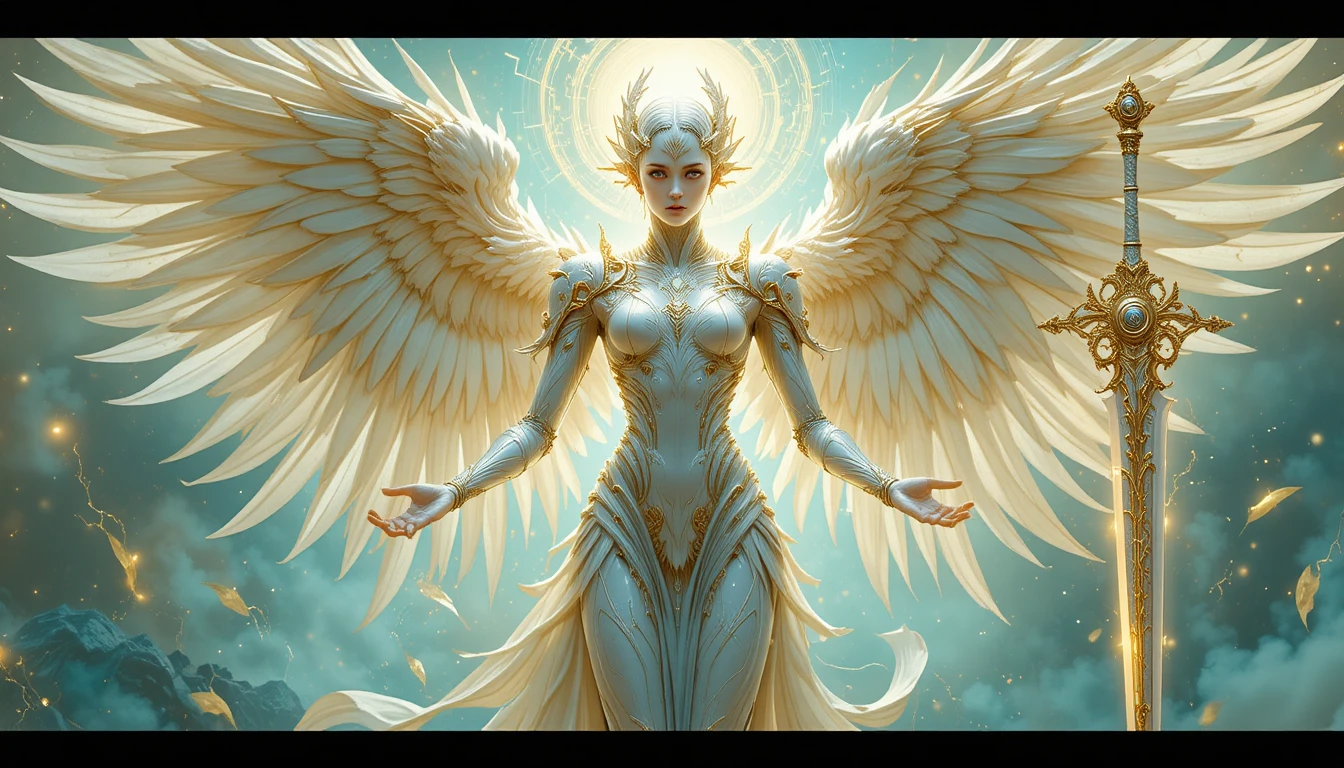 Ser angelical radiante com asas e espada celestial