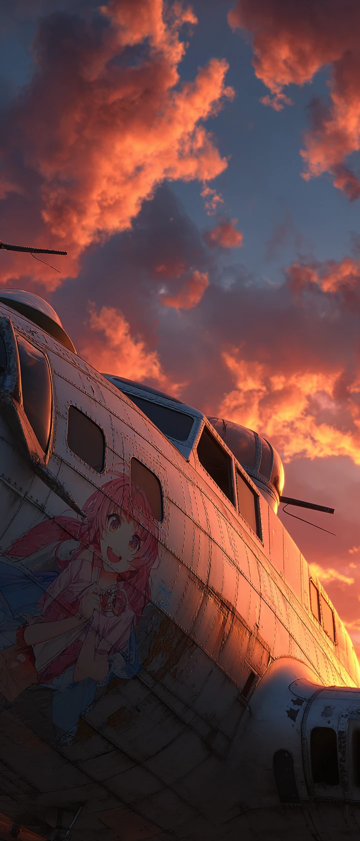 B-17 marcada por la batalla volando hacia un atardecer ardiente