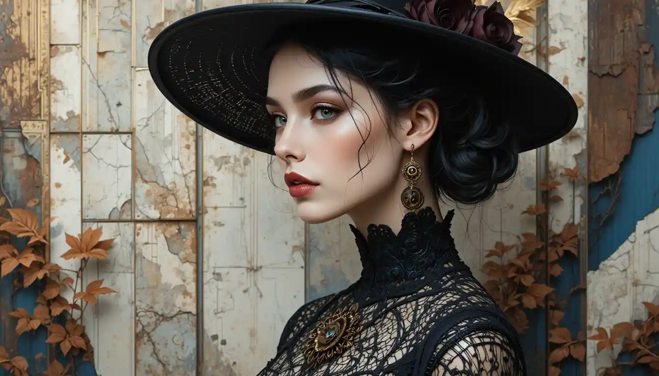 Gothic-Frau mit schwarzem Spitzenhut im herbstlichen Park – Porträt