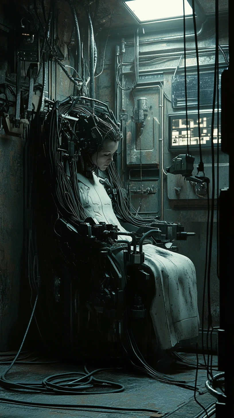 Female technician fused with mechanical exoskeleton in cockpit