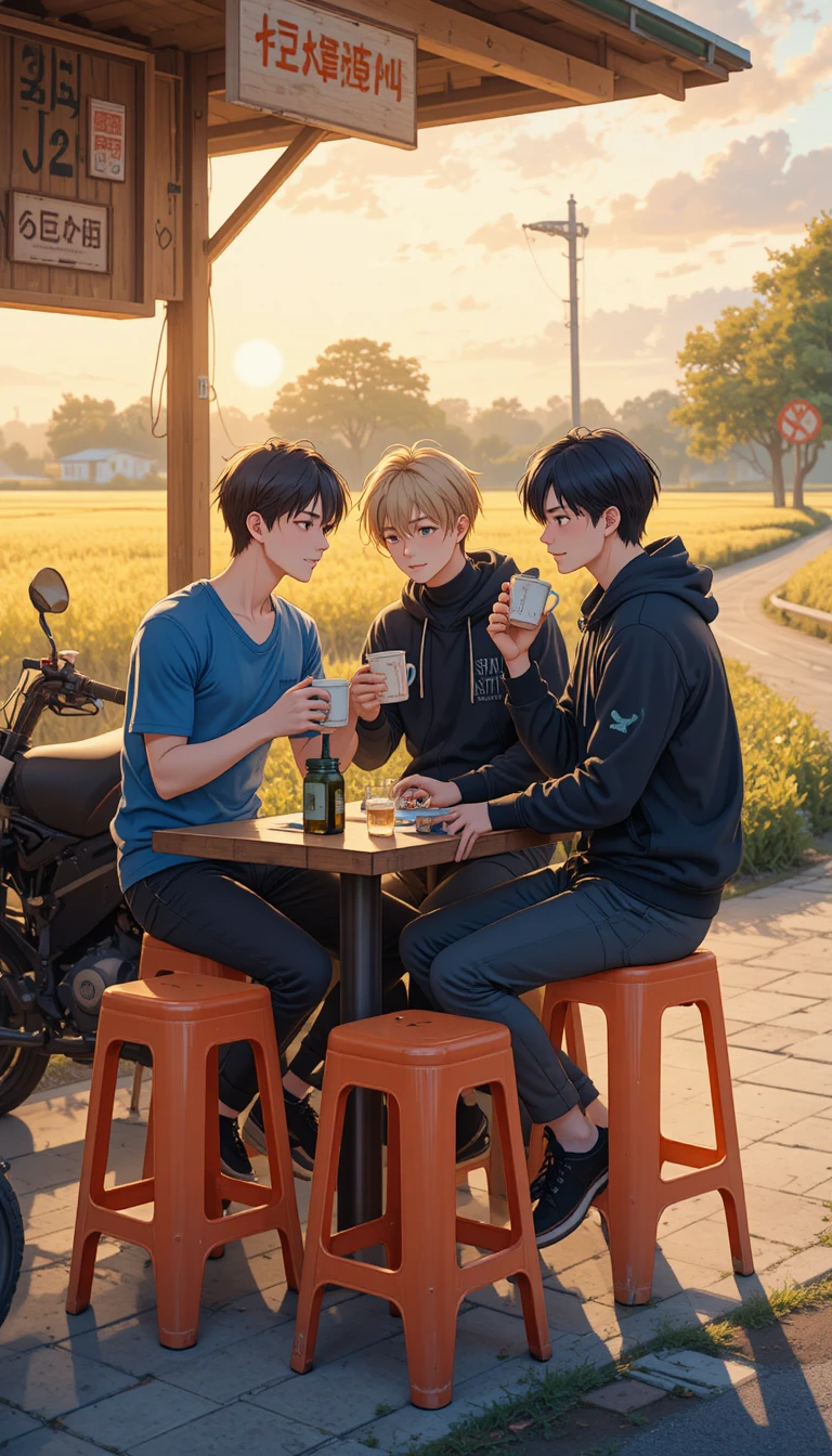 Drei Freunde trinken an einem Straßenstand im Anime-Stil