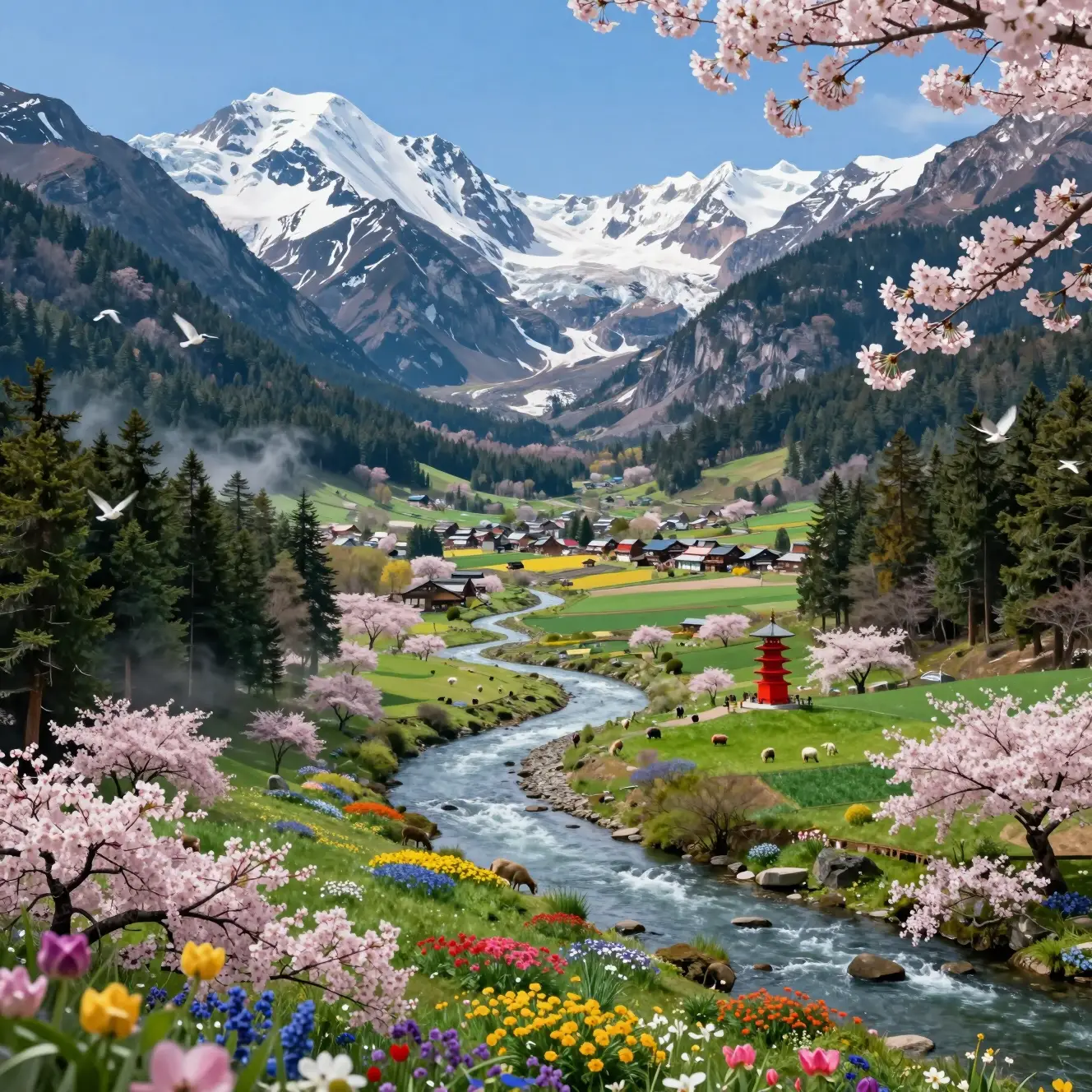 寧靜山谷中的河流與遠處的日本村莊